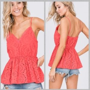 SLEEVELESS V-NECK EYELET LACE PEPLUM TOP pack of 3